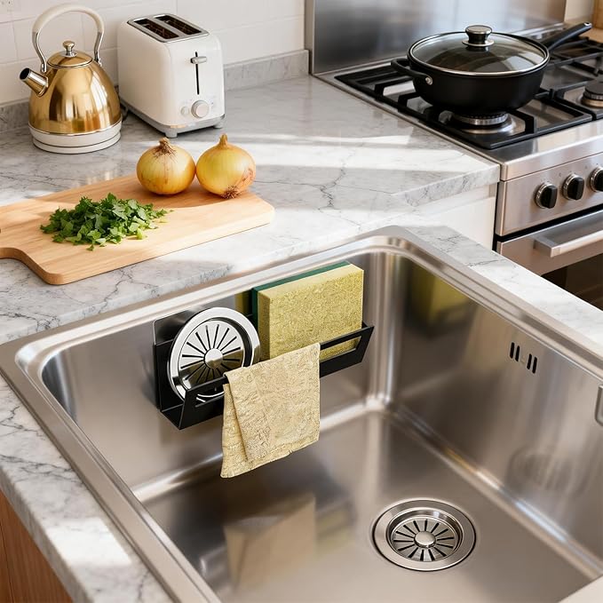 Sponge Holder for Kitchen Sink with Suction Cups & Adhesive Hook, Rustproof In-sink Sponge Holder, Space-saving Wall Hanging Sink Caddy Organizer Rack - Sponge, Dish Cloth, Brush- 2 Pack