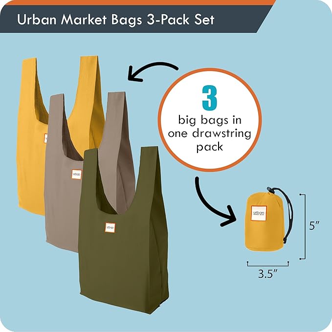Urban Market Bags - Meadow - 3 Foldable Reusable Shopping Bags in 1 Compact Pouch, Luxury Quality, Recycled Fabric, Holds 50+ lbs, Machine Washable, Pouch Fits in Cupholder, Designed in California