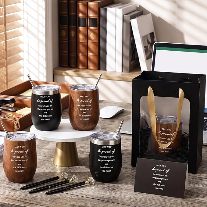 Patelai 30 Pcs Thank You Gift Set for Colleague 12oz Stainless Steel Coffee Mug Wood Grain Cups with Lid and Straw Pens Card Bags Set for Coworker Fathers Day Husband Male Friends Staff