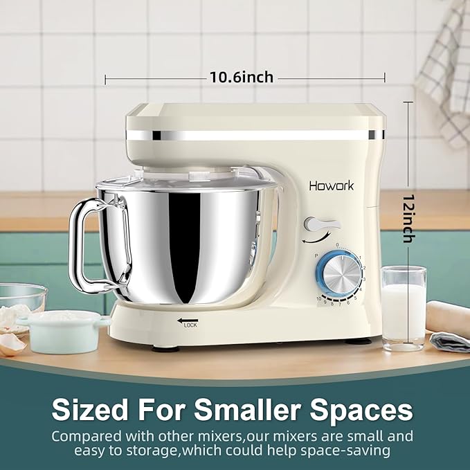 HOWORK Electric Stand Mixer,10+p Speeds With 6.5QT Stainless Steel Bowl,Dough Hook, Wire Whip & Beater,for Most Home Cooks (White)