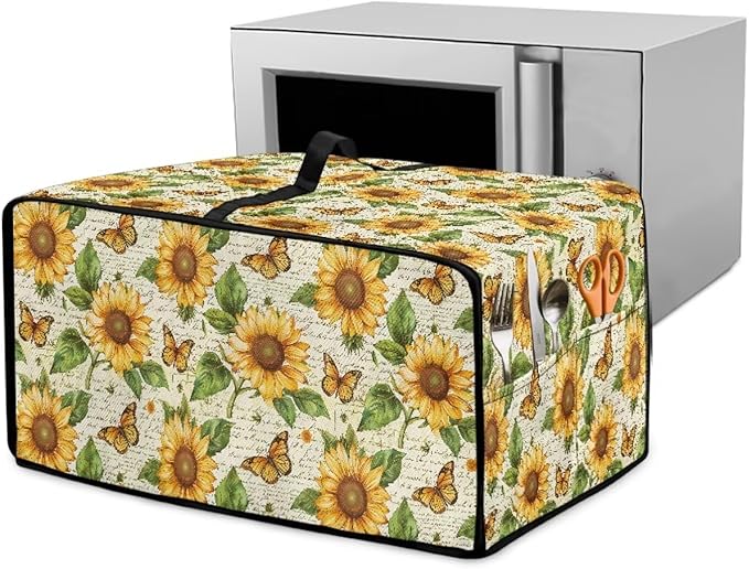 Countertop Convection Oven Cover Dust-Proof Toaster Oven Cover with Accessories Pockets, Countertop Convection Oven Protector, M, Sunflower Butterfly Retro Letter Print
