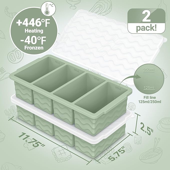 Doasuwish Silicone Freezer Tray for Soup with Lid – 1-Cup Soup Container Cube Style Ice Cube Trays for Freezer, Meal Prep & Food Storage, Freeze 250mL/125mL Portions – 2 Pack