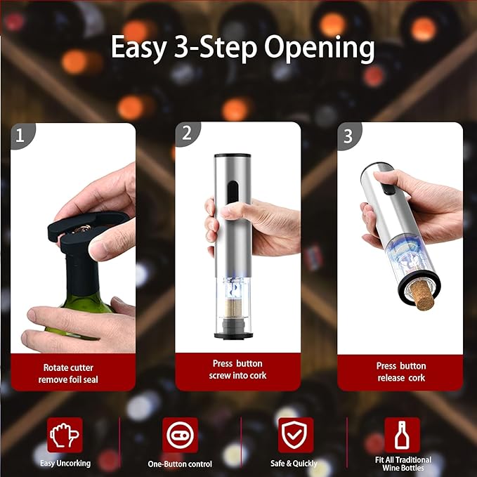 Electric Wine Opener, 6-in-1 Rechargeable Wine Bottle Opener set includes Automatic Corkscrew Wine Opener, Foil Cutter, Vacuum Wine Stopper, etc. Ideal gift for Wine Lovers (Silver)