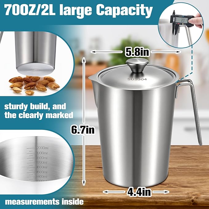 1 Pcs 2 L/70 oz Large Stainless Steel Pitcher with Lid, Metal Measuring Cup, Large Mouth Graduated Beakers with Handle, Milk Frothing Jug for Espresso Machine, Latte Art, Hot/cold Water