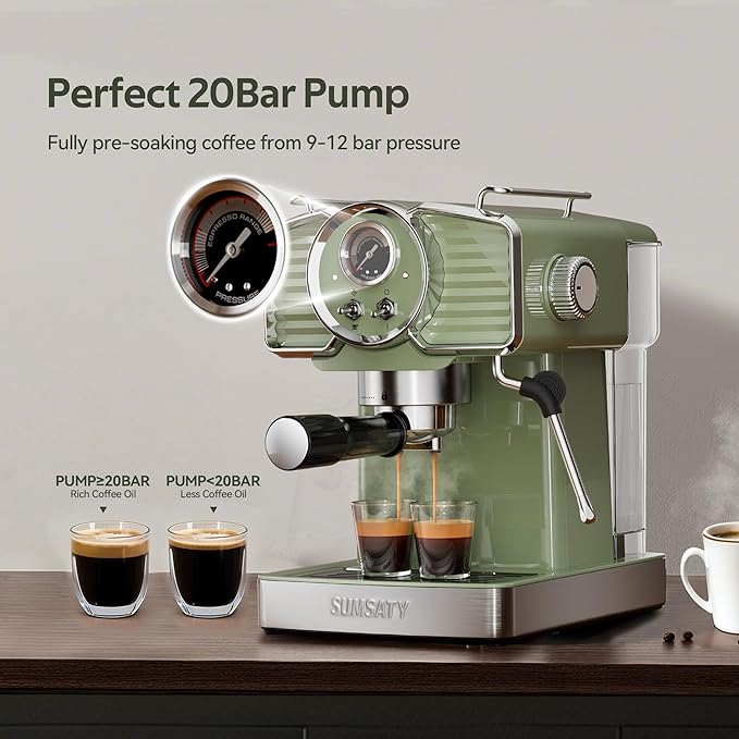 SUMSATY Espresso Machine 20 Bar Espresso Maker with Milk Frother Steam Wand, Professional Expresso Machine for Home Cappuccino & Latte Maker, Retro Coffee Maker with 61oz Water Tank, Matcha Green