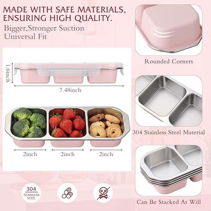 FoldTier 4 Pack Stainless Steel Snack Container for Adults 3-compartment Leak-proof Lunch Box for Work, Travel 10.6 x 4.1 x 2 Inch Stackable Reusable Metal Bento Box(Pink)