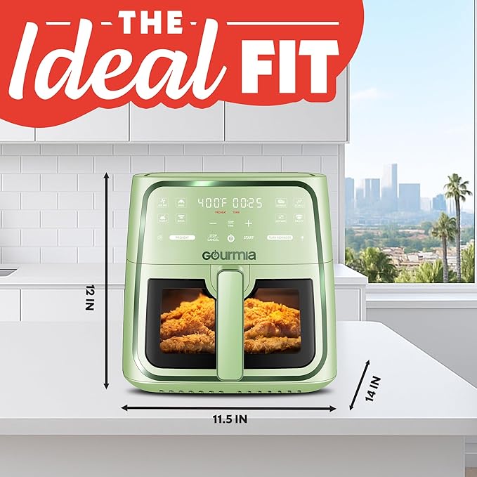Gourmia 8 Qt Air Fryer, 8 Presets with Digital Display, FryForce 360° Technology, Easy View Window & Interior Light, Dishwasher Safe Basket, Green