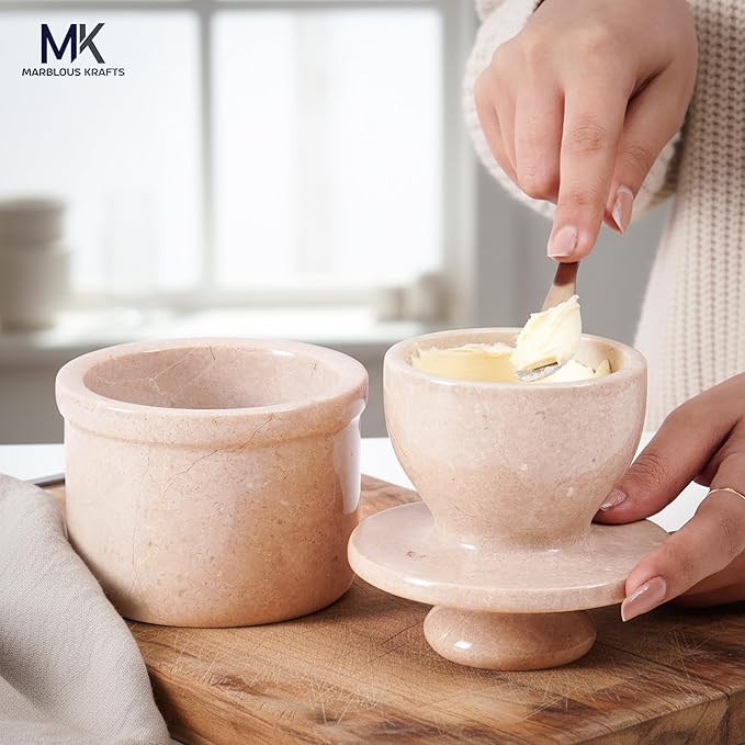 Marble Butter Keeper with Lid Verona 4.25 Inch, Handmade French Butter Crock For Counter With Water for Soft Butter Storage, Butter Dish for Kitchen Countertop, Butter Bell, Mothers Day Kitchen Gift