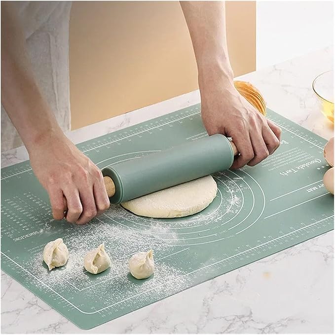 Silicone Measuring Kneading Pad Set Household Rolling Pin Dough Large Thick Non-slip Non-stick Bottom Baking Tool(Scraper green)