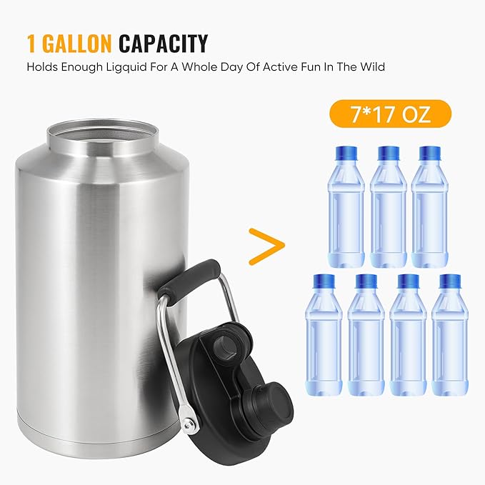 Insulated Gallon Jug with Handle, One Gallon, 128oz Stainless Steel, Large Double Vacuum Water Bottle for Cold Drinks, Wide Mouth, Sweat Proof, Carrier bag, Great for Travel, Camping, Stainless