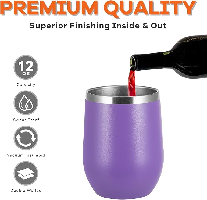 COMOOO Stainless Steel Wine Tumbler Glass Bulk with Lid and Straw 12oz Double Wall Vacuum Insulated Travel Tumbler Cup Stemless for Coffee Wine Cocktails Ice Cream Cup,Purple, 16 pack
