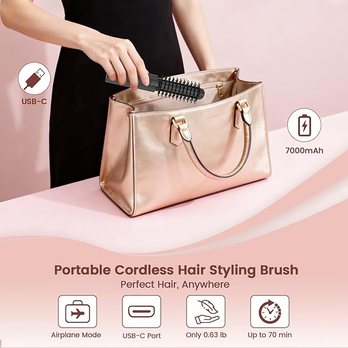 Youbella Cordless Hair Curling Iron Brush, Portable Travel Hair Curler, Mini 1.5″ Heated Round Brush, 3-in-1 USB Rechargeable Straightening Wand for Styling & Smoothing, 200 Million Ionic Care, Black