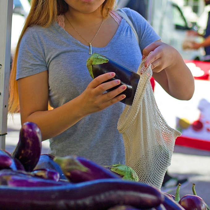 Simple Ecology Reusable Grocery Produce Shopping and Storage Bags, Organic Cotton Mesh, Set of 10 (2 ea. XL, L, M, S, XS)