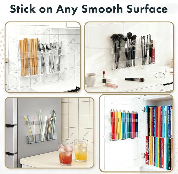 Acrylic Straw Holder for Cabinet Door - Child-Safe Organizer & Dispenser with Smooth Rounded Edges for Kitchen Accessories Storage, Adhesive Circles Included (Dark Transparent)