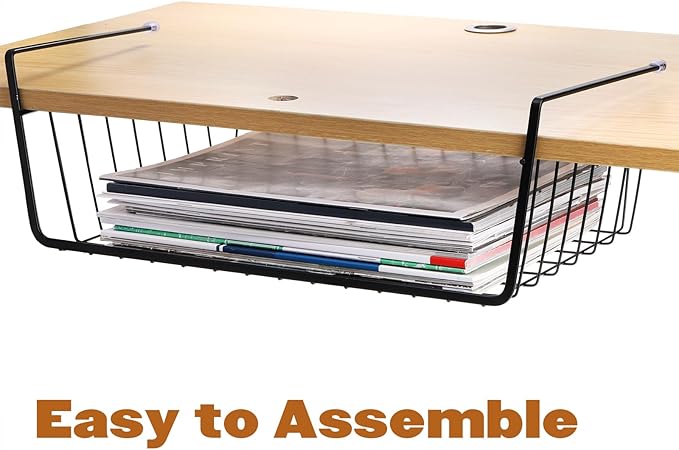 Tebery 2 Pack Black Under Shelf Wire Basket, Hanging Storage Baskets Under Cabinet Add-on Storage Racks, Slide-in Baskets Organizer for Kitchen Pantry Desk Bookshelf