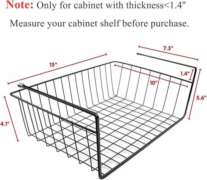 Tebery 2 Pack Black Under Shelf Wire Basket, Hanging Storage Baskets Under Cabinet Add-on Storage Racks, Slide-in Baskets Organizer for Kitchen Pantry Desk Bookshelf