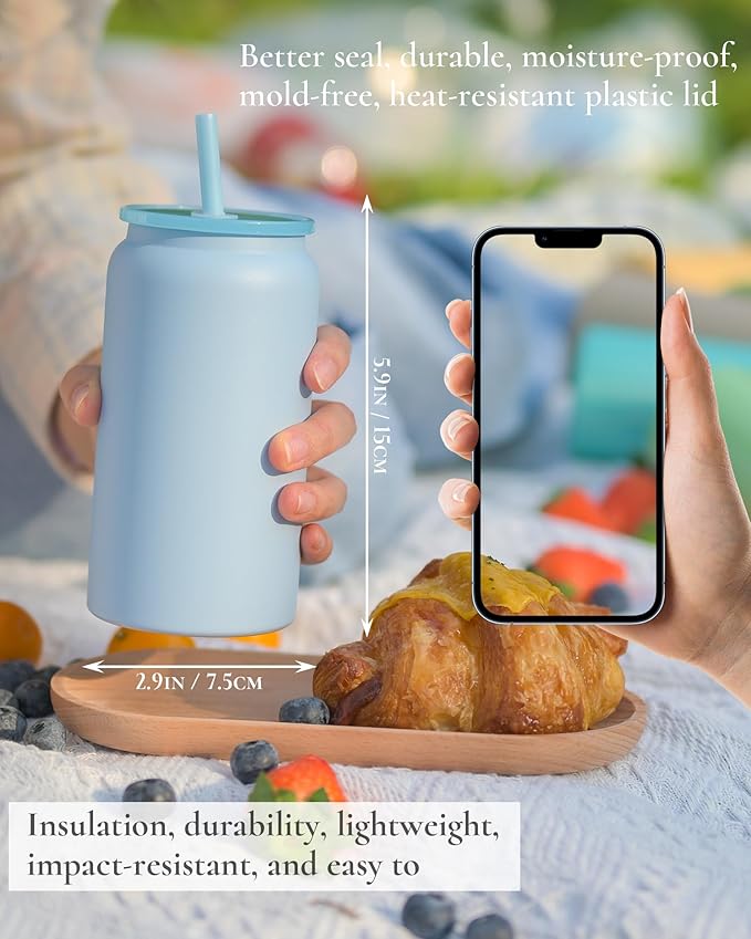 Glass Cups With Lids and Straws, 16oz Stainless Steel Beer and Iced Coffee Cup, Smoothie Drinking Cup, Light Blue (Textured Matte Finish, Not Sublimatable)