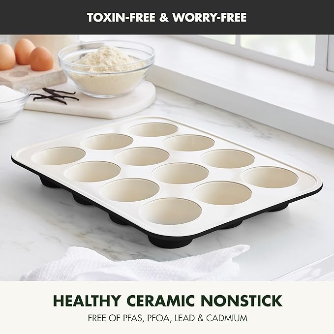 GreenPan Bakewell 12-Cup Muffin Pan, Healthy Ceramic Nonstick Bakeware, PFAS-Free Cupcake Mold, Durable Baking Tray, Versatile Kitchen Essentials, Easy Clean Ovenware, Black