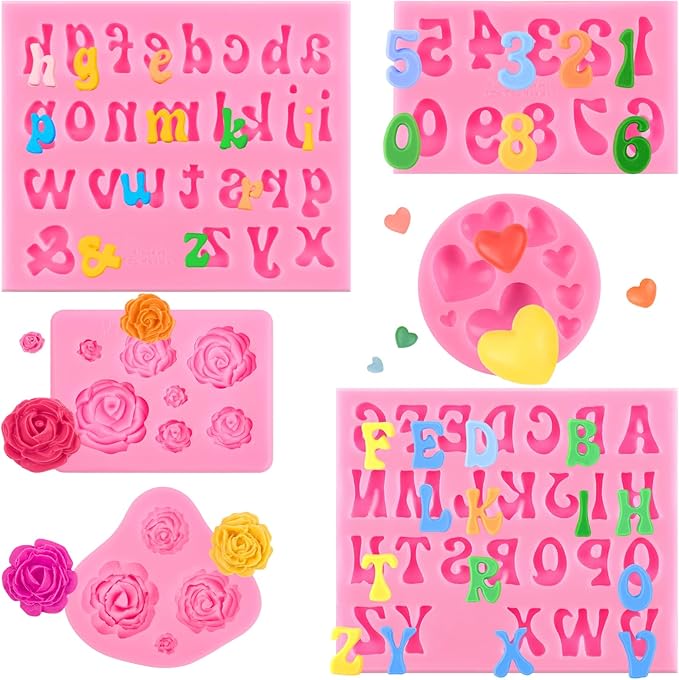6 PCS Silicone Letter Molds, Non-Stick Number Alphabet Heart Rose Flower Fondant Molds for Chocolate, Candy, Cake Decoration, Cupcake Topper