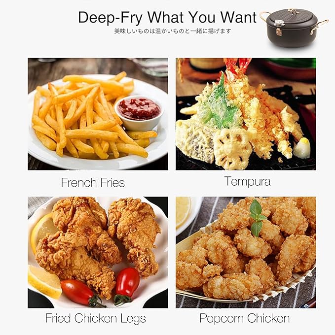 Deep Fryer Pot, 4.3L/11 Inch Japanese Tempura Frying Pot with Fahrenheit Thermometer, Nonstick Carbon Steel Oil Fryer, for Tempura/Frech/Fish/Chicken Fries, Easy Clean, Black
