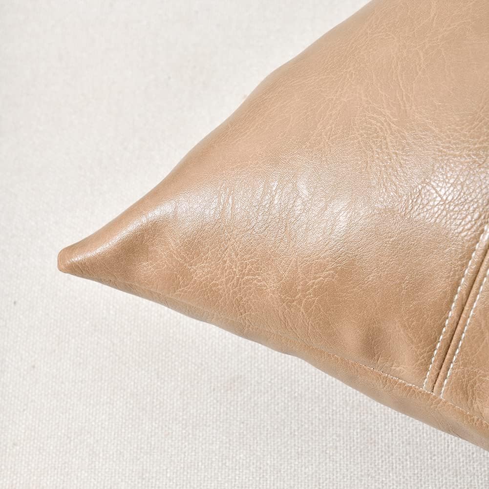 Fancy Homi Tan Decorative Throw Pillow Covers 18x18 Inch for Outdoor Couch Bed, Waterproof Faux Leather Hand Stitched Beige Square Cushion Case 45x45 cm, Modern Farmhouse Boho Home Decor