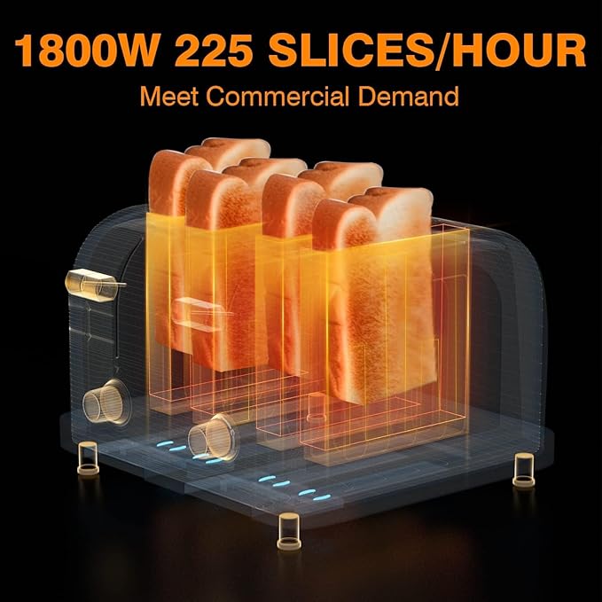 PYY Commercial Toaster 4 Slices - 225 Slices/Hour Stainless Steel Silver Bread Toaster, 1800W with 6 Speed Level, Dual Controls and Removable Crumb Tray, for Family and Commercial