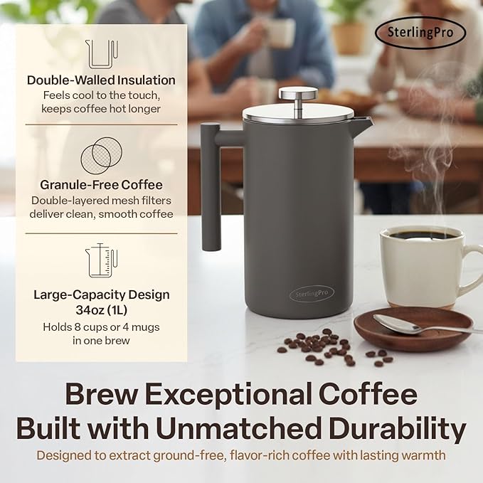 SterlingPro Stainless Steel French Press Coffee Maker 1 L (34 oz) Grey – Double Walled Insulated Large Coffee Press, Durable Design Keeps Drinks Hot, Easy to Use and Clean for Rich Flavor Brewing