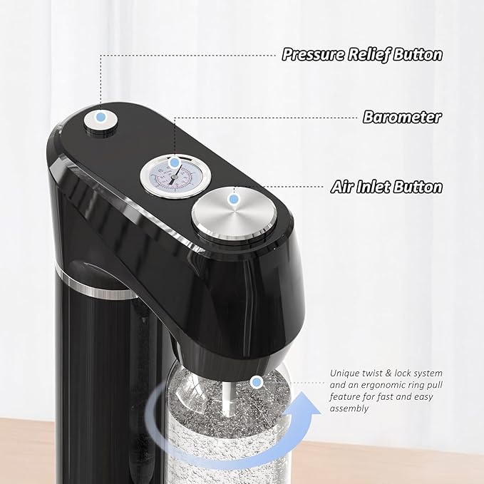 Home Sparkling Water Soda Maker with 2 BPA-Free Bottles (1L + 0.5L) - Carbonated Water Seltzer Fizzy Drink Machine, Compatible with Screw-In 60L CO2 Carbonator (Not Included), Black