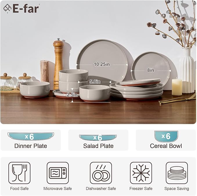 E-far 18-Piece Ceramic Dinnerware Sets, Plates and Bowls Sets for 6, Stoneware Dishware Dishes Set with Terracotta Base, Chip & Scratch Resistant, Microwave & Dishwasher Safe, Speckled Khaki