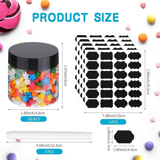 Mimorou 100 Pcs 2 oz Plastic Jars with Lids Wide Mouth Round Clear Containers with Black Label Pen Refillable Airtight Travel Storage Leak Proof Small Jars for Storing Dry Food Spice Cookie Candy