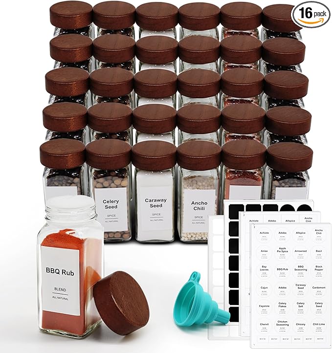 30 Pcs Spice Jars, 4oz Seasoning Containers with Acacia Wood Shaker Lids, Glass Spice Bottles with Labels, Square Seasoning Organizer, Kitchen Spice Container