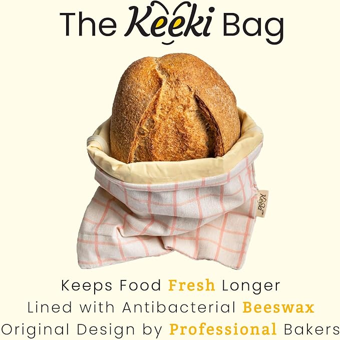 Keeki Bag - The Original Beeswax Lined Bread Bag for Homemade & Sourdough | Reusable Linen Bread Storage | Beeswax Wrap Alternative | Plastic-Free Storage w/Wide Drawstring Closure (Blue)