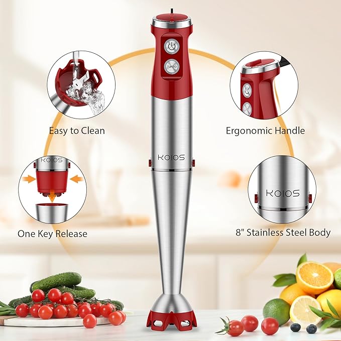 KOIOS Immersion Blender, 1000W Anti-scratch 3-in-1 Hand Blender, Upgraded 12 Speed Stainless Steel Blade Stick Blender with Turbo Mode, Whisk and Milk Frother, Non-BPA, Red