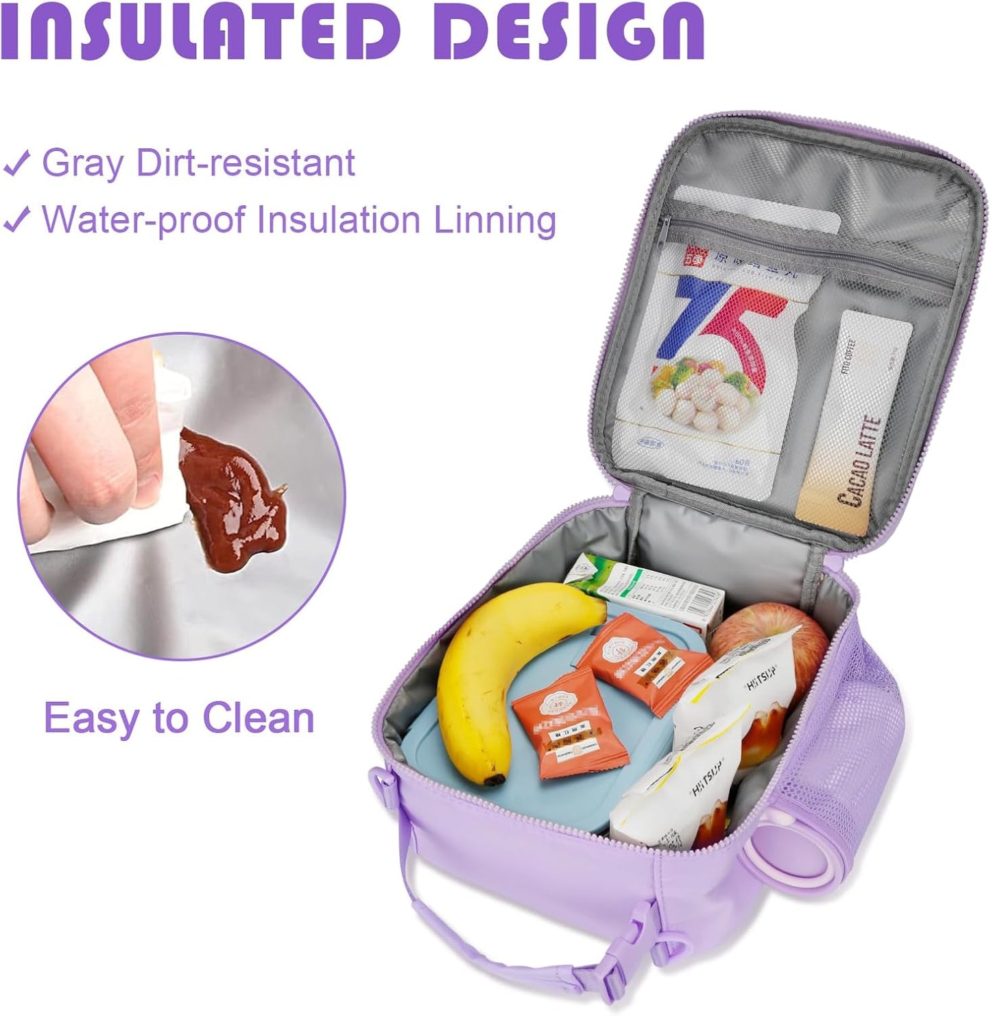 Initial Insulated Lunch Bag for Girls Kids, Back to School Gift, Reusable Leak-proof Lunch Box with Adjustable Strap for School Daycare Travel Picnic (Purple,H)