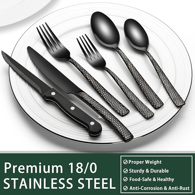 EWFEN 24-Piece Black Silverware Set with Steak Knives, Black Flatware Set for 4, Food-Grade Stainless Steel Tableware Cutlery Set, Mirror Finished Utensil Sets for Home Restaurant, Wave Hammered