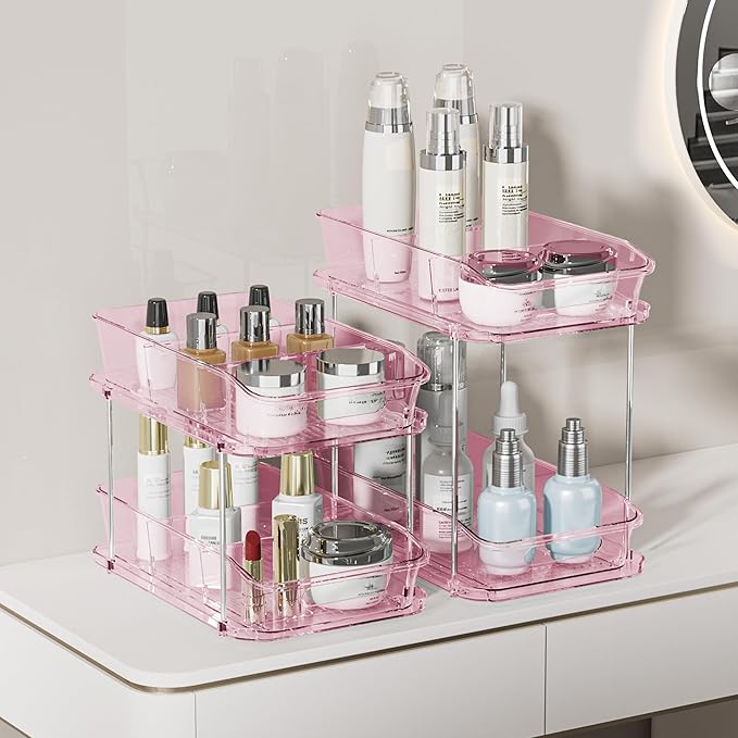 Delamu 2-Tier Under Sink Organizers and Storage, Multi-Purpose Stackable Bathroom Cabinet organizers, Pull Out Kitchen Pantry Organization and Storage with Dividers(2 Pack, Pink)