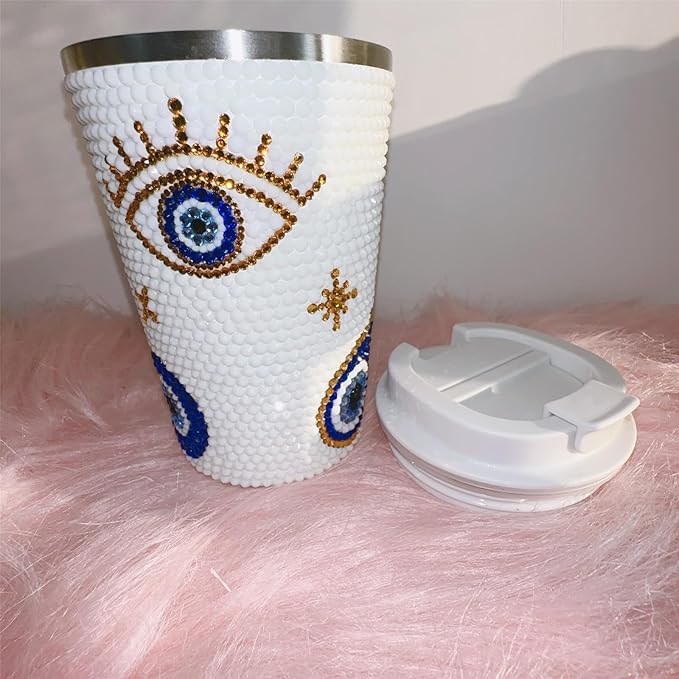 380ml Stainless Steel Sparkle Rhinestone Decorate Evil Eyes Tumbler,White Diamond Decorate Evil Eyes Students'/Auto Mug(White)