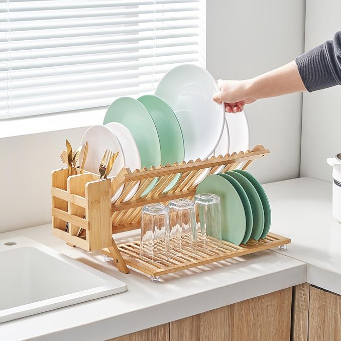 Bamboo Dish Drying Rack, 3 Tier Collapsible Wooden Dish Drainer Rack with Utensil Holder, Plate Rack for Kitchen Counter, Large Folding Drying Holder 51 pcs Grid