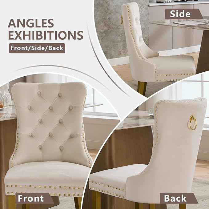Velvet Dining Chairs Set of 2, Kitchen & Dining Room Chairs, Upholstered Dining Chairs with Back Ring Pull and Golden Solid Wood Legs, Modern Tufted Kitchen Chairs for Dining Room, Cream
