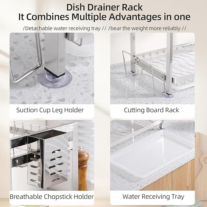 Dish Drying Rack, Double Layered countertop Kitchen Organizer with Drainage Large Bowl Rack and Storage Rack with Drainage Board (Silver Upgraded Version)