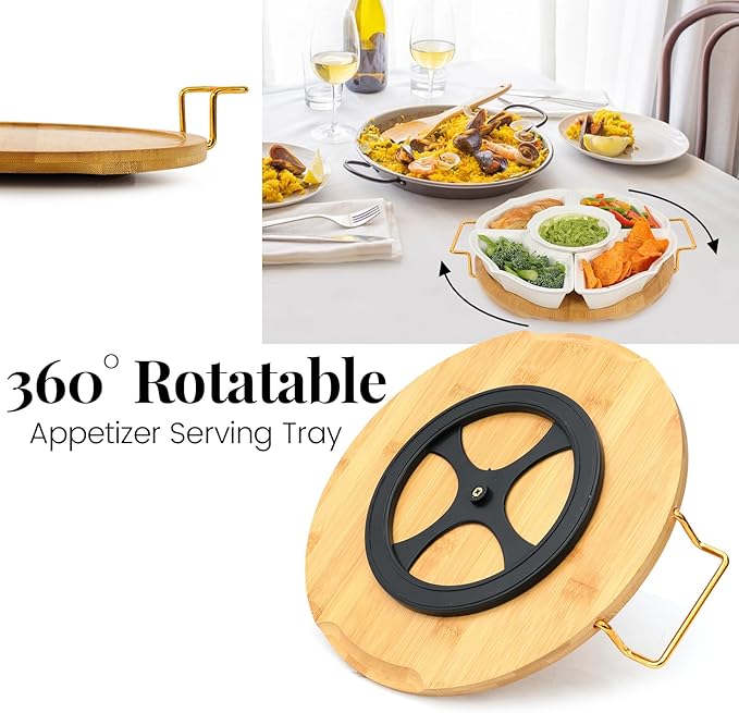 PLAPITATE Party Serving Trays and Platters, Ceramic Lazy Susan Serving Tray with Divided Sections Appetizer Rotating Serving Tray for Fruits, Veggies, Chips and Dip Serving Set