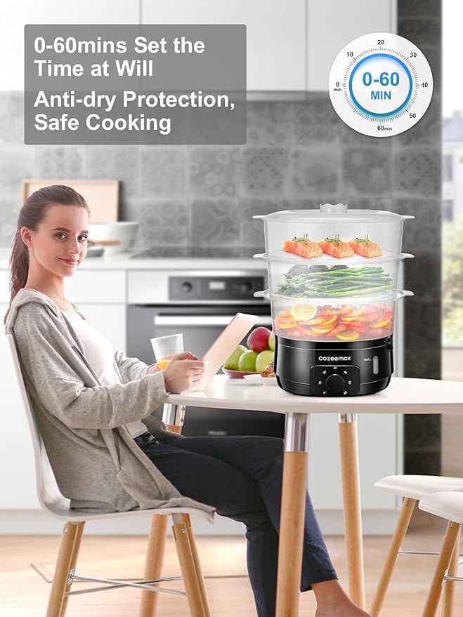 13.7QT Electric Food Steamer for Cooking, Vegetable Steamer with 3 Tiers BPA-Free Baskets, 800W Fast Simultaneous Cooking, 60-Minute Timer, Ideal for Veggies Seafood Rice