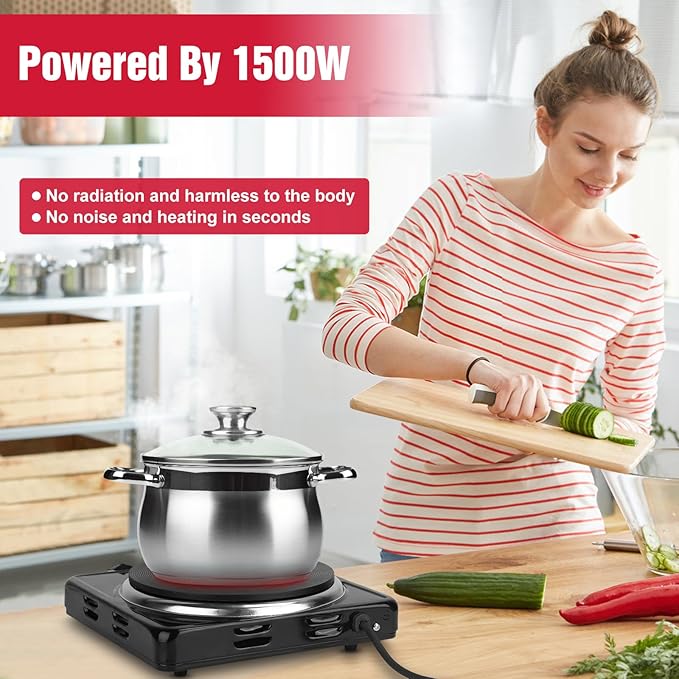 Electric Countertop Burner, 1500W Cooktop with Cast Iron Hot Plate, 5 Level Temperature Control, Easy to Clean, Indicator Lights, Cooking Stove for Office Home Camping RV
