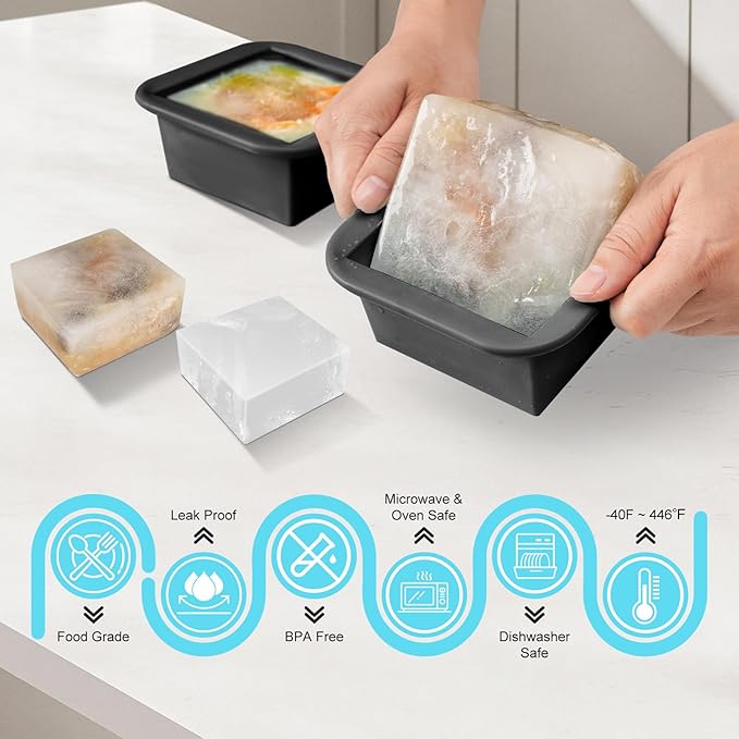 Silicone Freezer Tray with Lid 2 Pack Silicone Freezer Molds Ice Cube Tray Makes 2 Perfect 2 Cup Portions Soup Cubes Meal Prep Containers- Oven & Dishwasher Safe