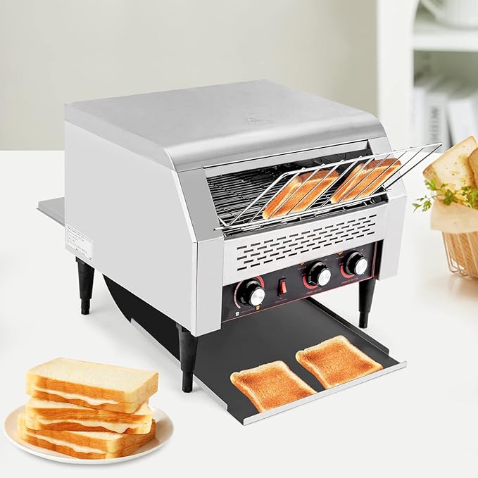 Commercial Conveyor Toaster 2600W, 450 Slices/Hour Stainless Steel Bread Oven with Dual Temp Control & Double Chutes - 7-Speed Adjustable
