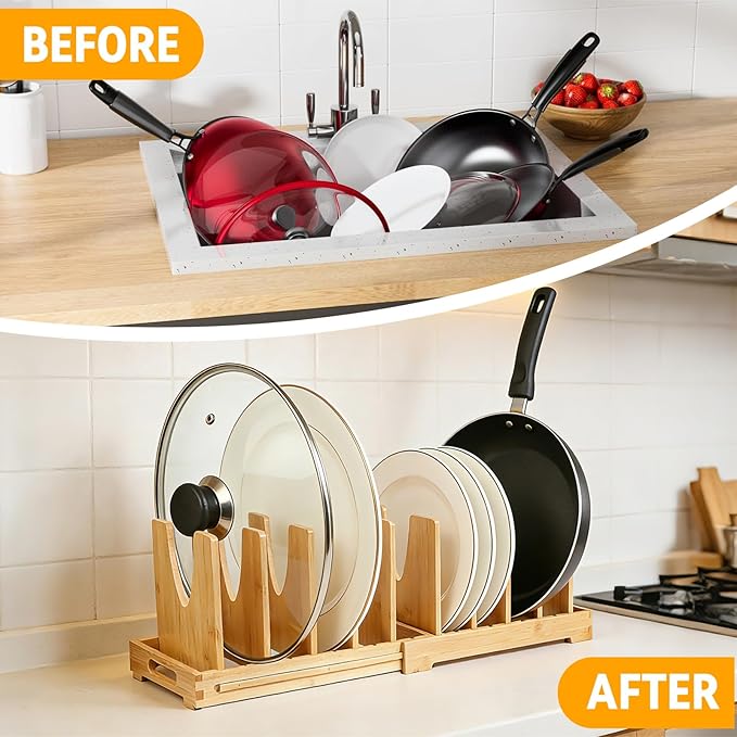 Pot and Pan Organizer for Under Cabinet, Expandable Pot Lid Organizer with 10 Adjustable Dividers, For Kitchen Cabinet Organizers and Storage