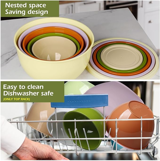 Greentainer Plastic Mixing Bowls with Lids Set for Kitchen, 5 Set Nesting Bowls for Mixing, Baking, Prepping, Cooking and Serving Food, Mixing Bowls Dishwasher, Microwave Safe