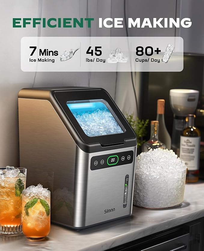 Silonn Nugget Ice Makers Countertop,Timer Pebble Ice Maker with Soft Chewable Ice, 44lbs per Day Ice Machine with Self-Cleaning,One-Click Operation, Stainless Steel