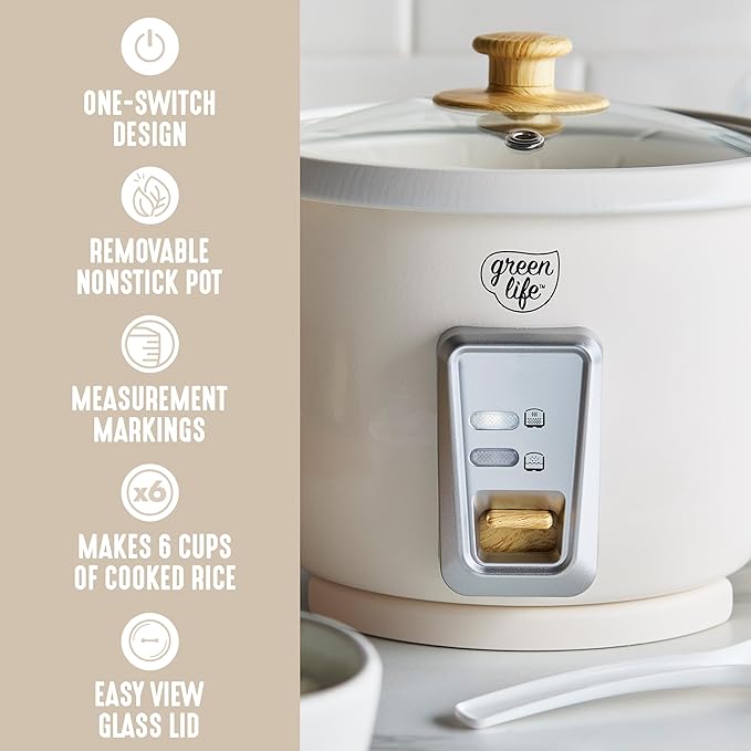GreenLife Rice Cooker with Removable PFAS-Free Ceramic Nonstick Pot, 3-Cups Uncooked/6-Cups Cooked, Grains & Oatmeal Multicooker, Compact One-Switch Design, Auto Keep Warm, Easy Clean, Cream
