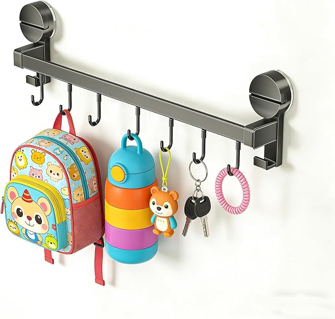 Wall Mounted Utensil Hook Rack with 8 Hooks, No Drill Installation, Space Gray Finish, Kitchen Organizer for Coats, Bags, and Accessories，Suction Cup Storage (2 Pack)